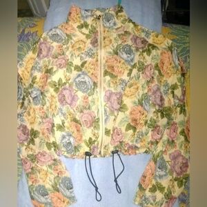 Source Unknown Floral Cropped Zip Jacket in Yellow, Pink, Blue, Green